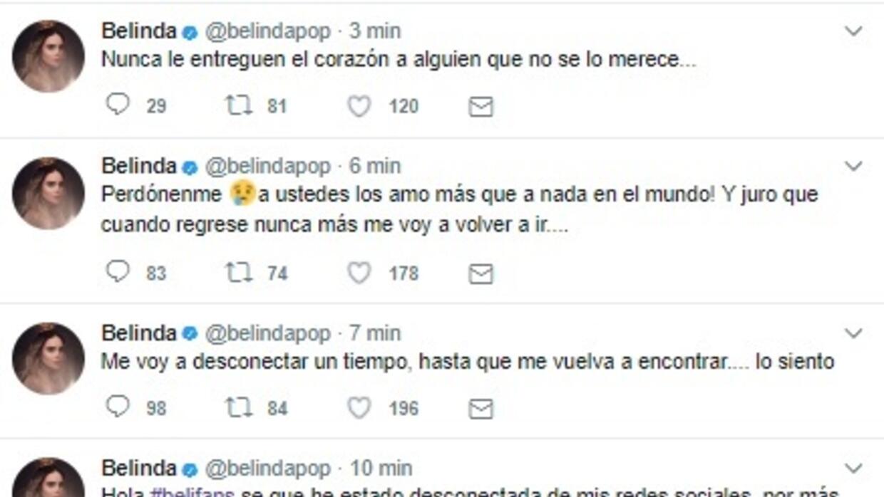 Belinda escribe en su Twitter que está pasando un mal momento emocional.